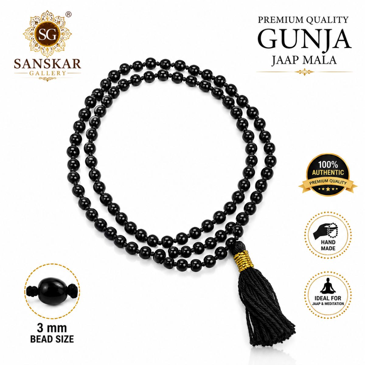 Black Gunja Orignal Jaap Mala 108+1 Bead 3mm Size