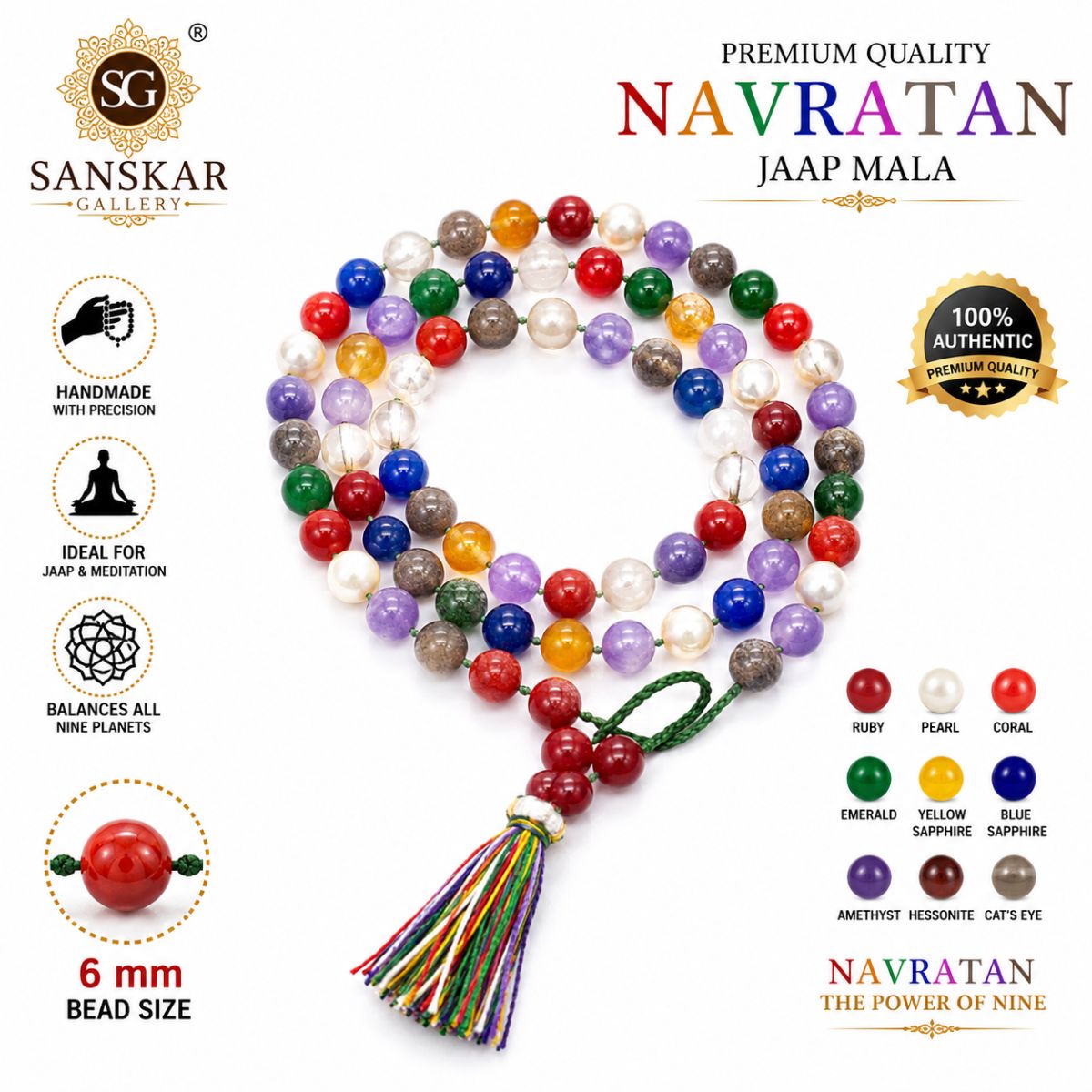 Navratan Orignal 9 Hakik mala Premium 108+1 Beads 6 mm