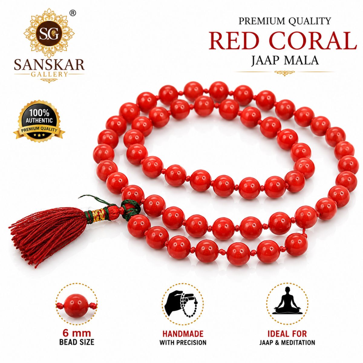 Red Coral Orignal Lab Certified 108+1 Bead Mala 5mm