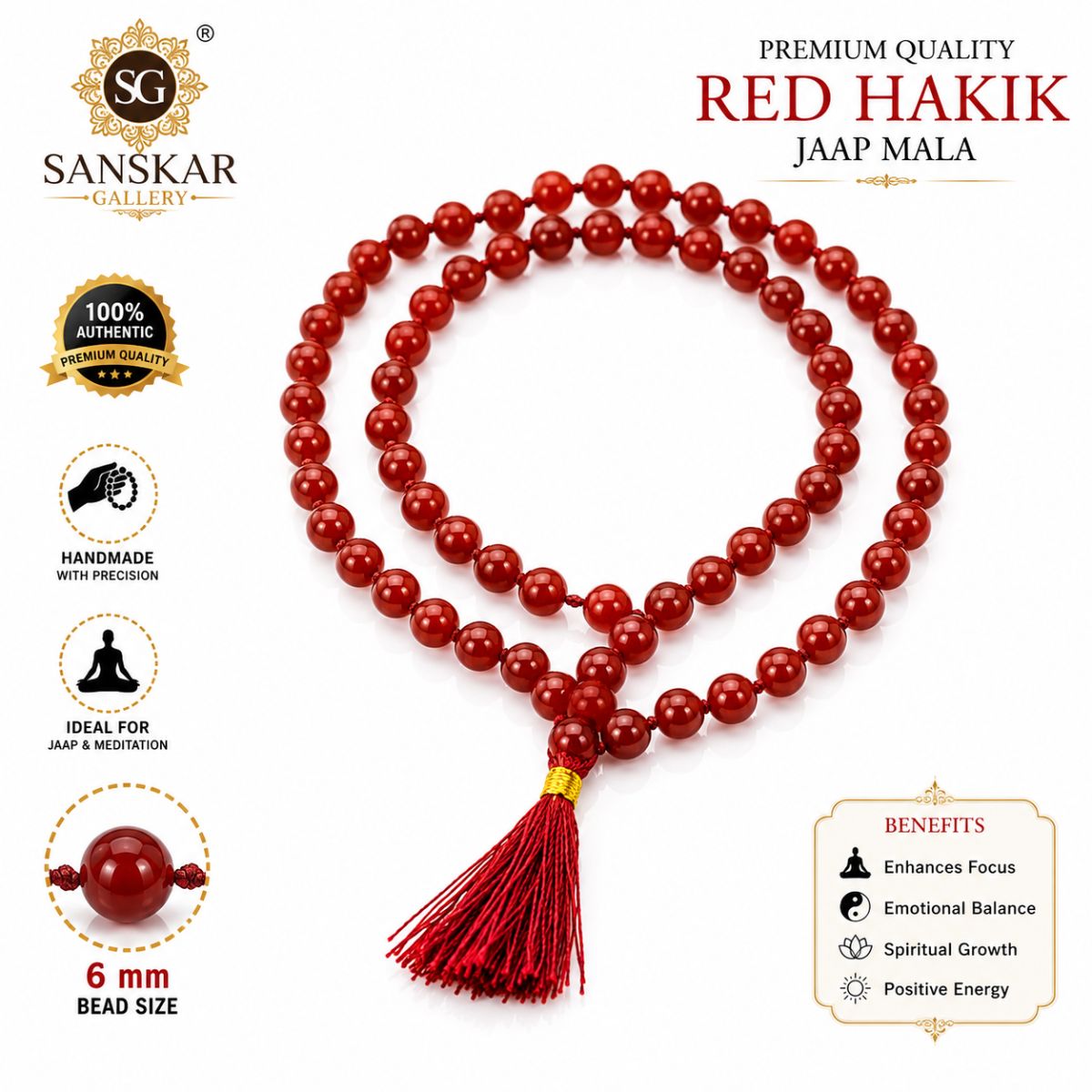 Red Hakik Orignal Bead Mala 108+1 Bead 6 mm