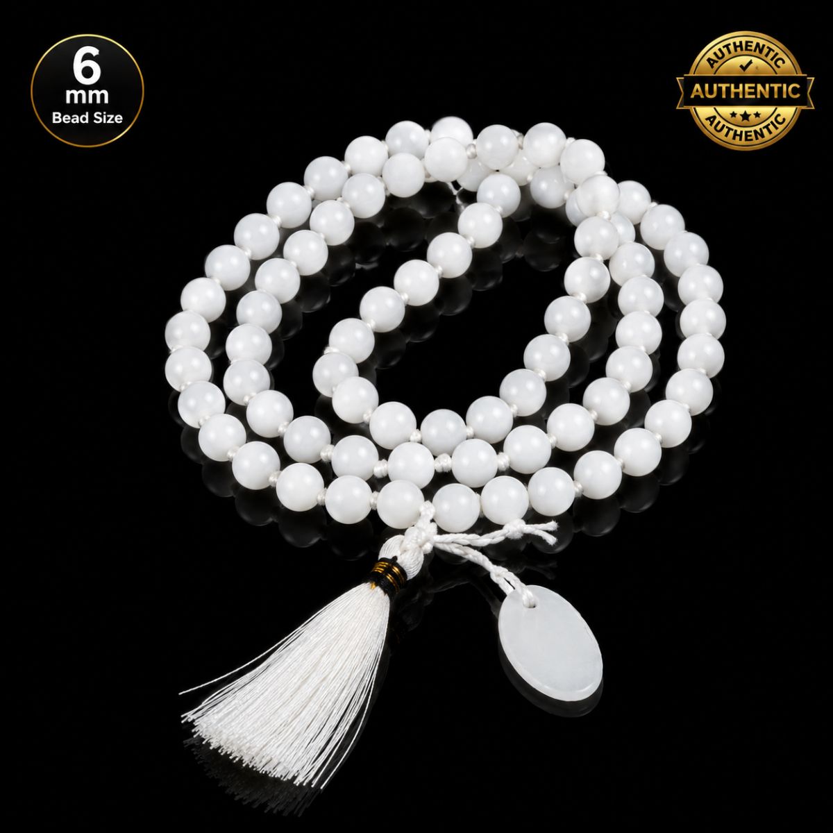 White Hakik Mala Orignal 6mm Size 108+1 Bead