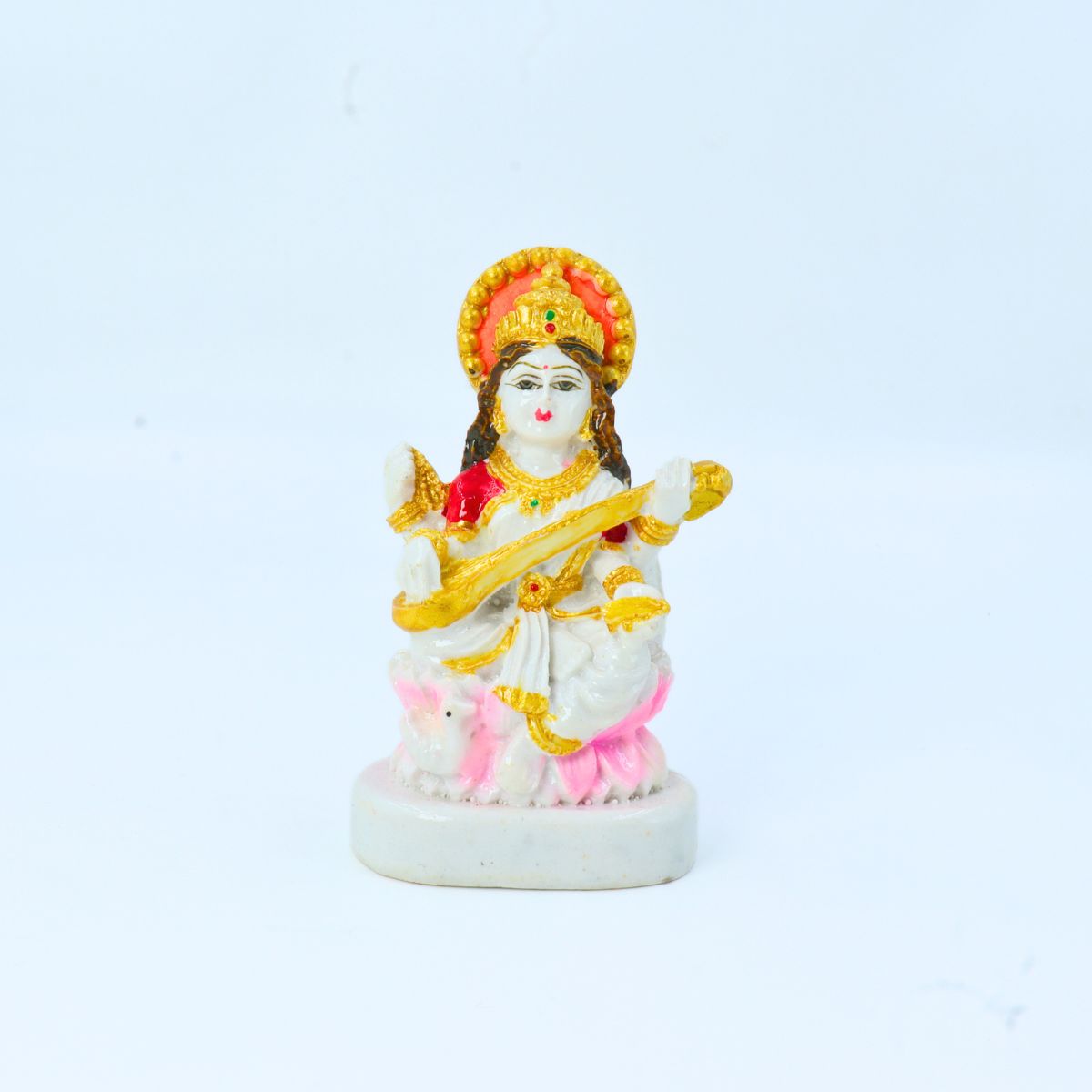 Saraswati Marble Dust Idol White Golden Color Washable 4 Inch