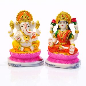 Laxmi Ganesha On Lotus Premium marble Dust Murti 15 cm