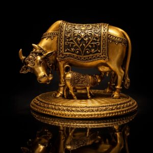 Cow With Calf Round Base Brass Export 3.5 Inch