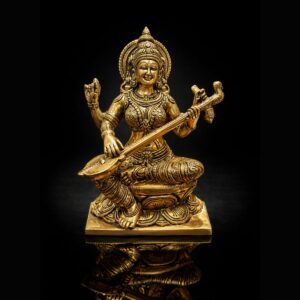 Saraswati Maa Antique Brass Square Base Murti 11 Inch