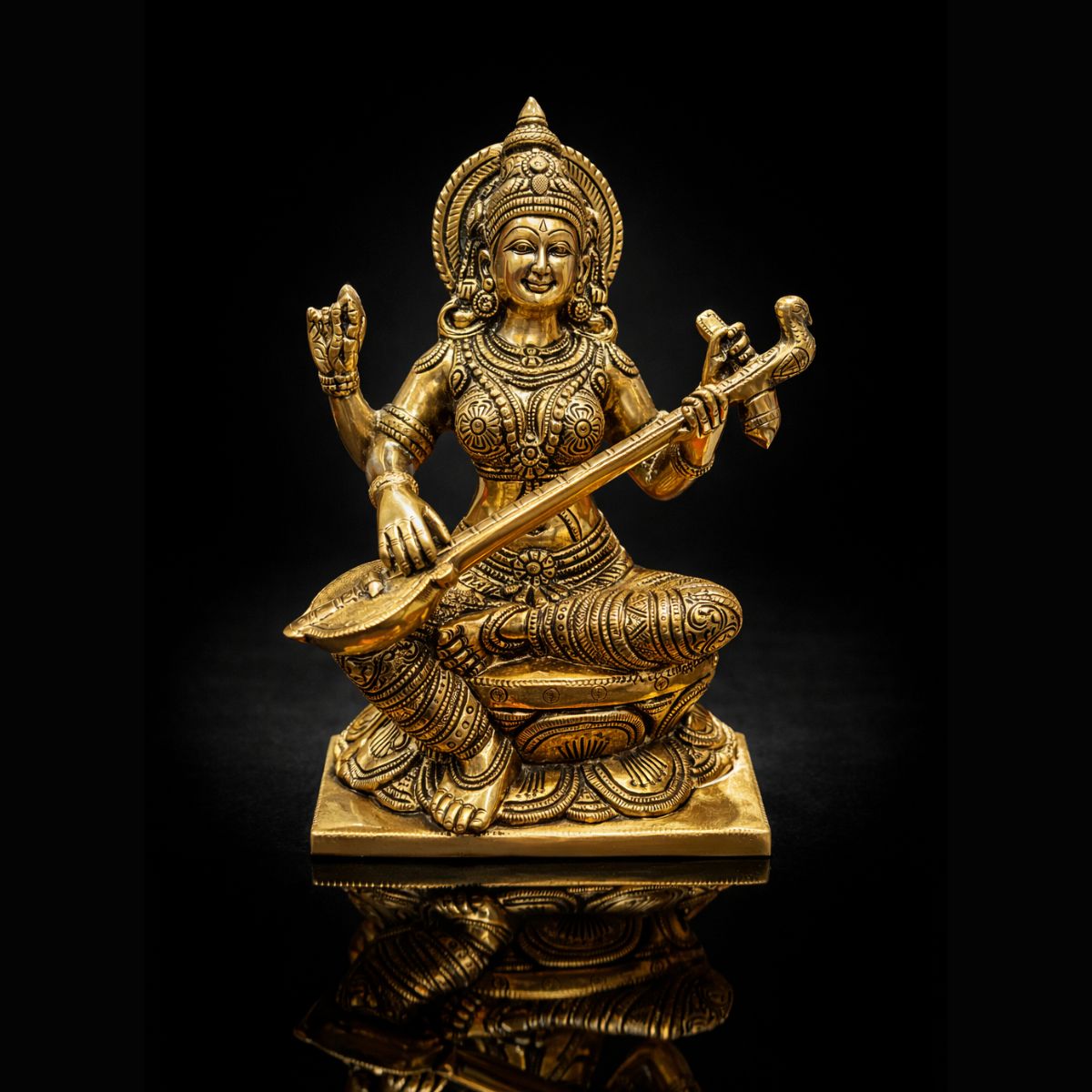 Saraswati Maa Antique Brass Square Base Murti 11 Inch