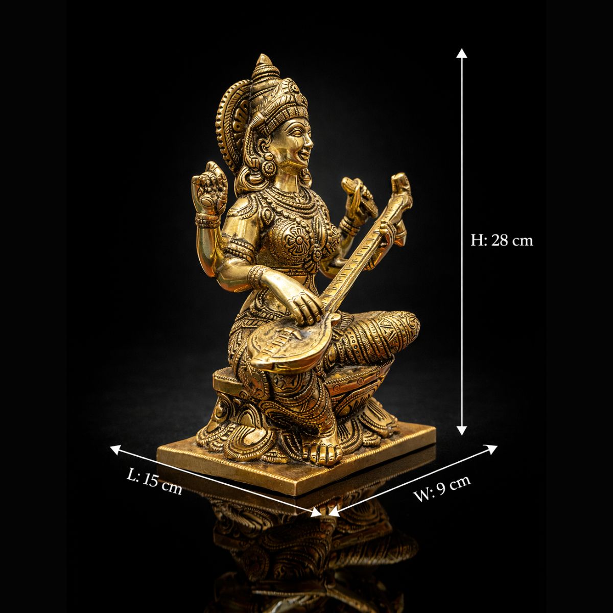 Saraswati Maa Antique Brass Square Base Murti 11 Inch - Image 2