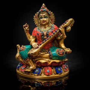 Saraswati Maa Brass Colored Statue With Peacock 8 Inch