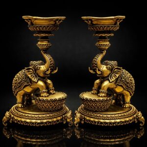 Elephant Pair With Diya Brass Export Quality 5.5 Inch