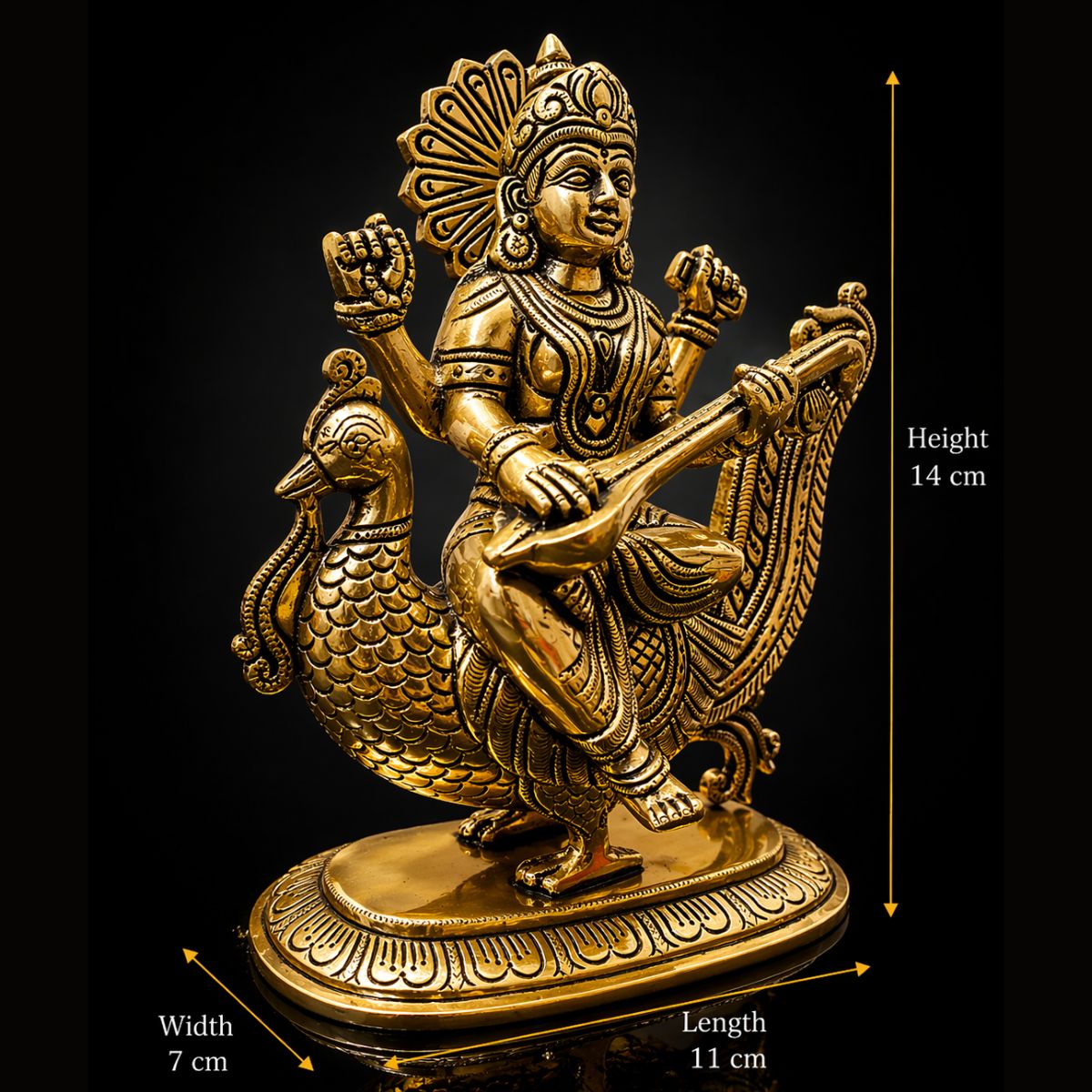 Saraswati Maa Sitting on Peacock Antique Brass Murti 6 Inch - Image 2