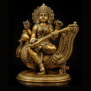 Saraswati Maa Sitting on Peacock Antique Brass Murti 6 Inch