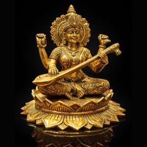 Saraswati Maa Antique Brass Sitting on Lotus 9 Inch
