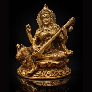 Saraswati Maa Sitting Beside Peacock Brass Murti 8.5 Inch
