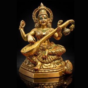 Saraswati Golden Brass Statue Sitting Premium 11 Inch