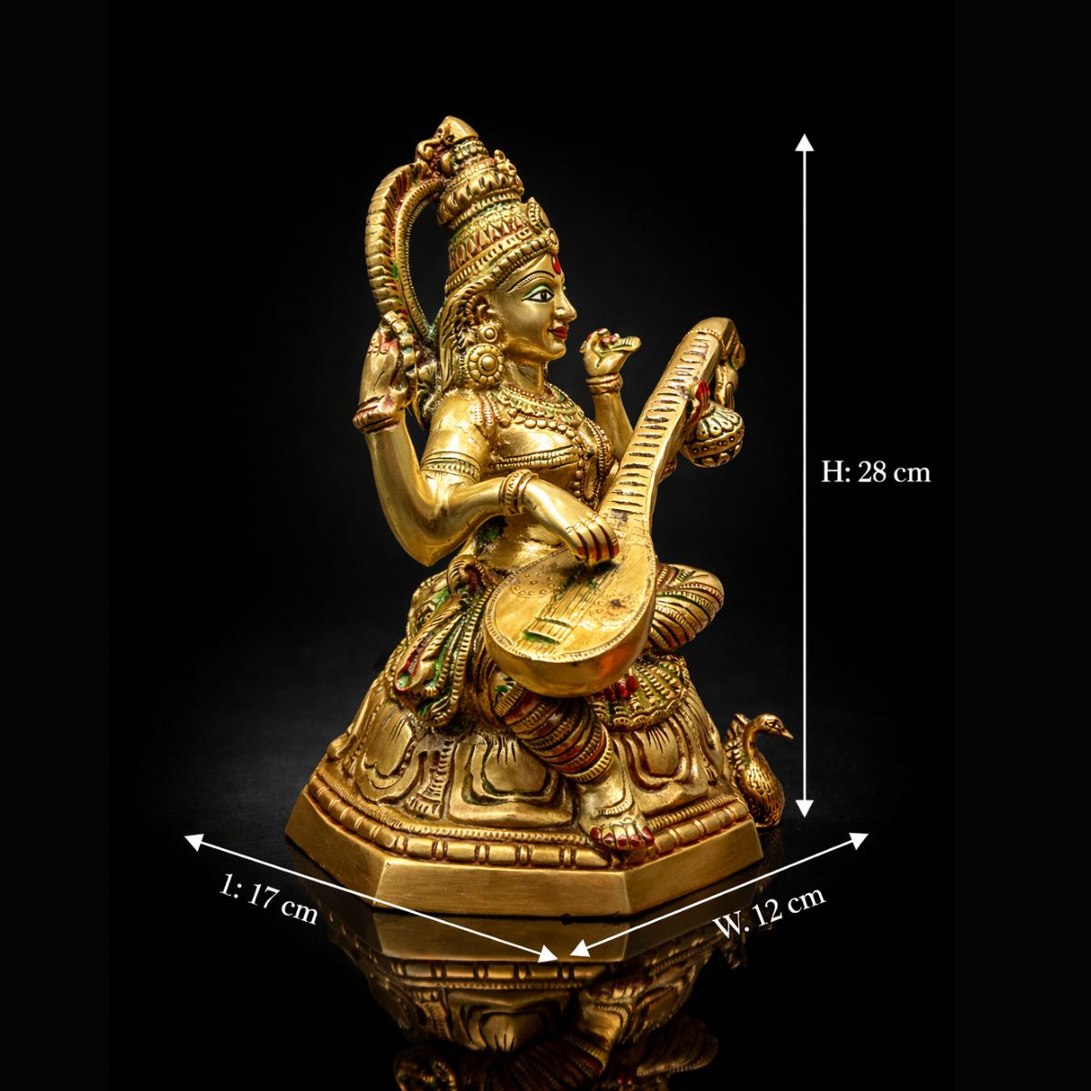 Saraswati Golden Brass Statue Sitting Premium 11 Inch - Image 2