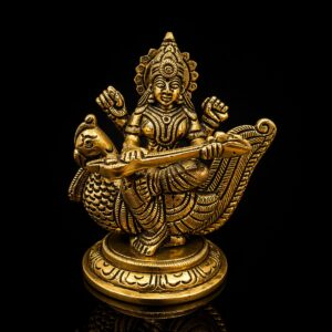 Saraswati Maa Sitting on Peacock Medium Size Brass 4 Inch