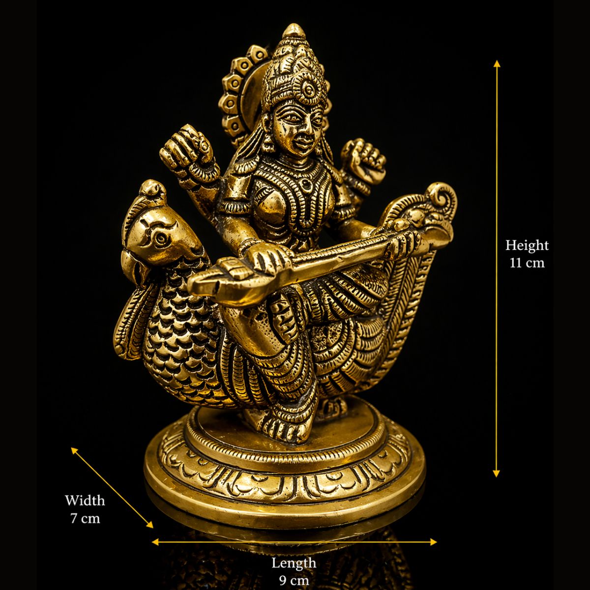 Saraswati Maa Sitting on Peacock Medium Size Brass 4 Inch - Image 2